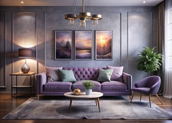 Modern Luxury Living Room Mockup with Pale Purple Sofa and Art Gallery Wall