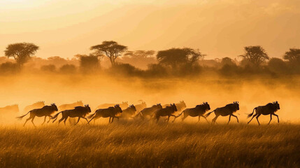 A large herd of wildebeest thundering across the open savanna
