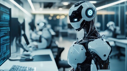 Fototapeta premium Advanced AI Robot Working on Computer in Futuristic Office - Modern Technology and Automation.