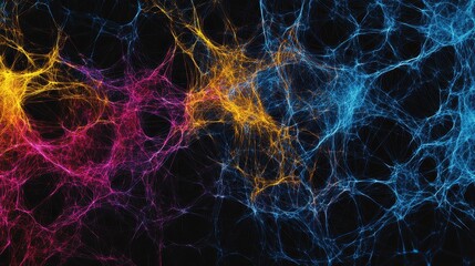 Abstract Colorful Network Web Pattern Background - Blue, Yellow, Pink Lines Interconnected on Black - Digital Art, Graphic Design, Technology, Modern, Geometric, Futuristic, Web Design