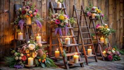 Fototapeta premium Rustic Charm A symphony of floral arrangements and flickering candles adorning weathered wooden ladders, creating a warm and inviting ambiance.