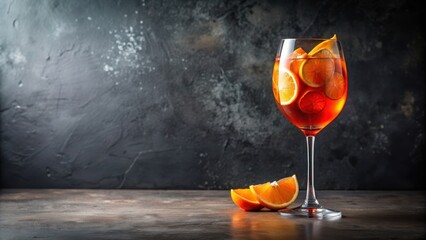 A refreshing Aperol spritz cocktail garnished with orange slice, served on a dark background, Aperol spritz, cocktail