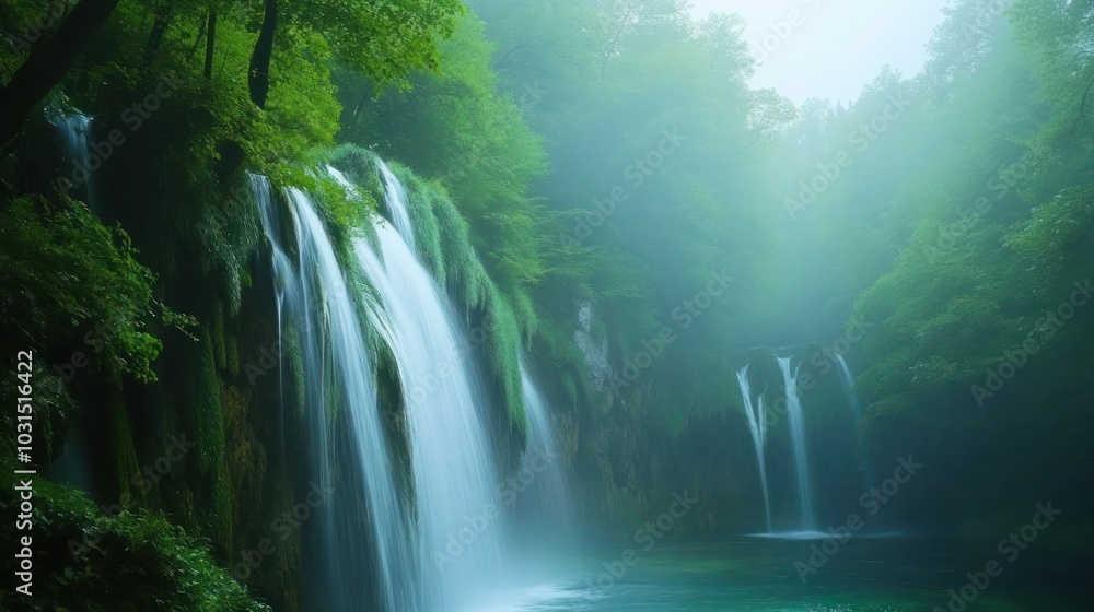 Poster a cascading waterfall flows through a lush forest, creating a picturesque and tranquil scene.