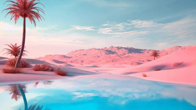 Dreamy surreal  desert landscape with palm tree, pink tones, and retro vaporwave vibe