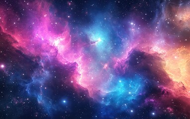 Fototapeta premium Cosmic Nebula Background - Starry Night Sky With Vibrant Purple, Blue, and Orange Clouds