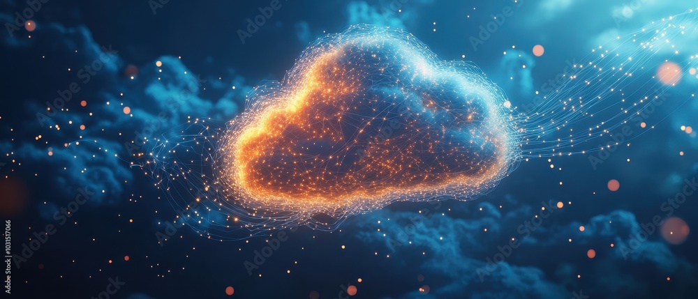 Poster abstract cloud computing network with glowing lights and bokeh effect.