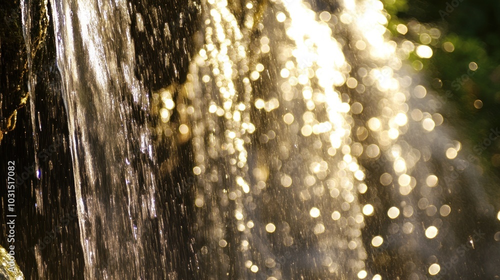 Poster close-up of a waterfall cascading over rocks, with sunlight creating a sparkling effect on the water