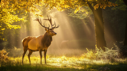 Obraz premium A regal stag with impressive antlers standing proudly in a sunlit forest.