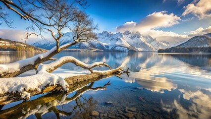 A snow-laden branch, resting on the edge of a pristine lake, stretches towards a dramatic mountain range, its reflection mirroring the serenity of the scene.