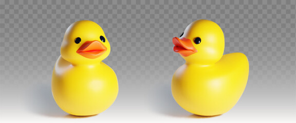 Rubber or plastic bath yellow duck toy with orange squeak front and side view on transparent background. Realistic 3d vector illustration set of float funny ducky bird bathtub kid game accessory.