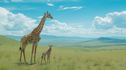 Obraz premium A heartwarming scene of a tall mother giraffe gently nuzzling her young calf. v3