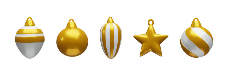 3d gold set render Christmas ball shapes. Realistic three-dimensional vector illustration. Winter holiday colors decoration in cartoon luxury style. Collection for Happy New year and Merry Christmas.