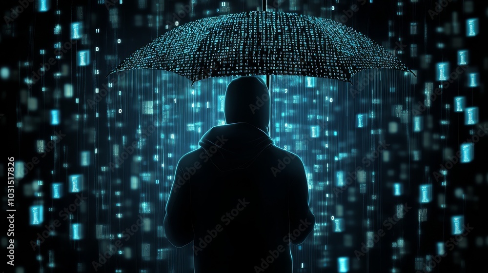 Poster a figure stands under a digital umbrella, surrounded by cascading binary code, symbolizing protectio