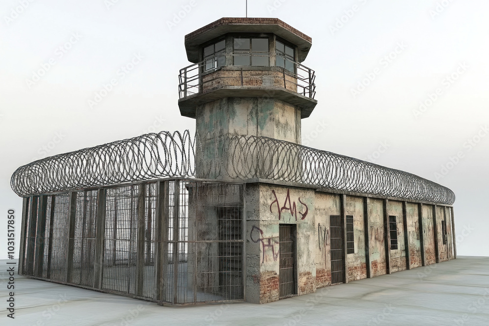 Wall mural A group of prisoners in orange jumpsuits working out in the prison yard under the watchful eye of a guard.