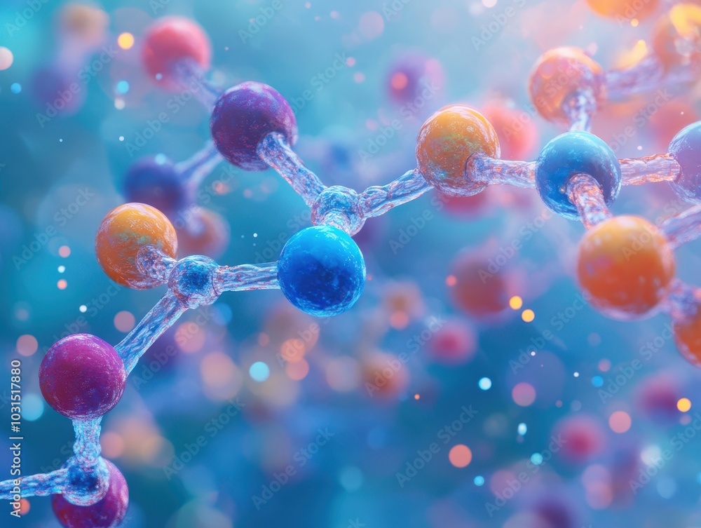 Poster abstract 3d molecular structure with colorful spheres and blurred background.