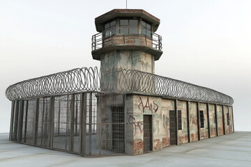 A group of prisoners in orange jumpsuits working out in the prison yard under the watchful eye of a guard.