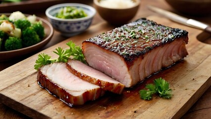 Delicious baked pork belly served with sauce and parsley