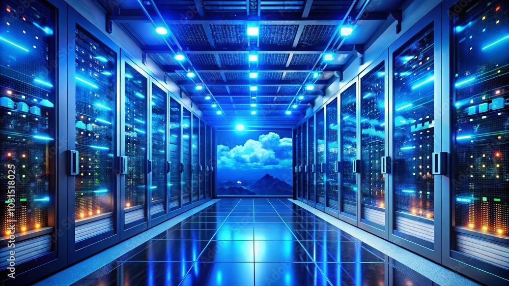 Fototapete modern server room with cloud computing technology and active data processing in a high-tech data ce