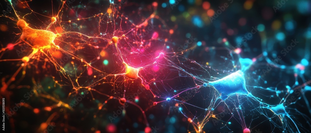 Aufkleber abstract neural network with glowing nodes and connections - 3d illustration.