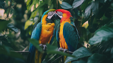 Obraz premium A pair of vibrant parrots perched on a branch in the heart of a tropical jungle.