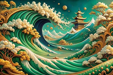 Fototapeta premium Modern Surreal Wave: A New Take on The Great Wave off Kanagawa in Jade and Gold