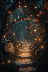Enchanting Forest Path Illuminated by Glowing Lights - Fantasy, Magical, Mystery, Nature