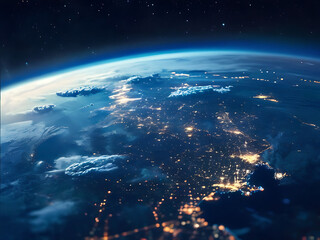 Obraz premium glowing earth from space north america at night with city lights and celestial wonders digital illustration