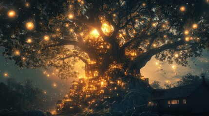 Naklejka premium Enchanting Treehouse Village with Glowing Lanterns at Night - Fantasy Architecture Illustration.
