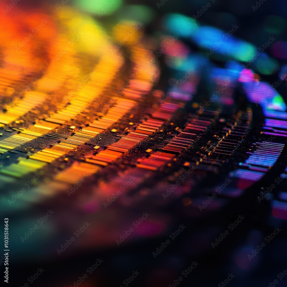 Poster abstract close-up of a colorful microchip with blurred lights and bokeh effect.