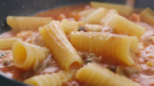 The camera zooms in on penne alla vodka, emphasizing the creamy pink sauce covering the pasta

.