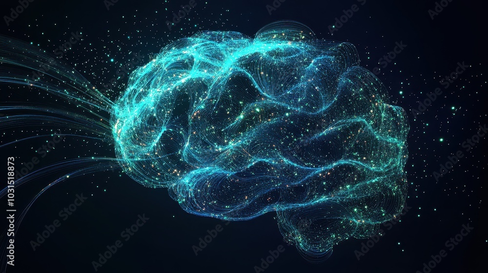 Poster abstract brain network with glowing lines and particles - neural connectivity concept.