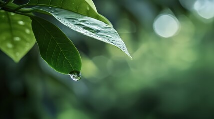 Refreshing Green Leaves with Water Droplets in Nature