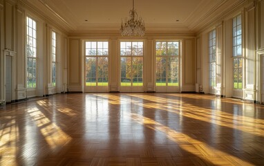 Obraz premium Large elegant empty room with wood floors and luxurious chandelier, featuring tall windows and serene outdoor views