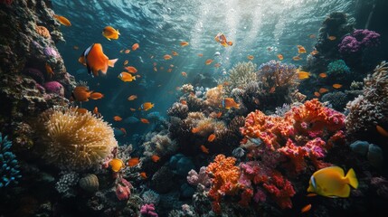 Vibrant Coral Reef with Colorful Fish and Sunbeams Underwater - Tropical Marine Life Photography.