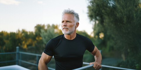 Portrait of a healthy Old Man on a bright sunny day, fitness concept copy space, Senior workout lifestyle