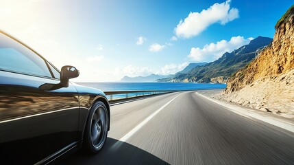 A sleek modern car driving down a coastal highway, with the ocean on one side and mountains on the other, under a bright blue sky