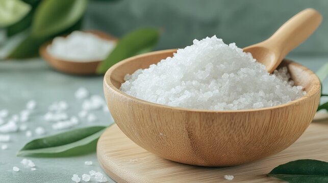 Sea salt in a wooden bowl on a light background with fresh leaves.