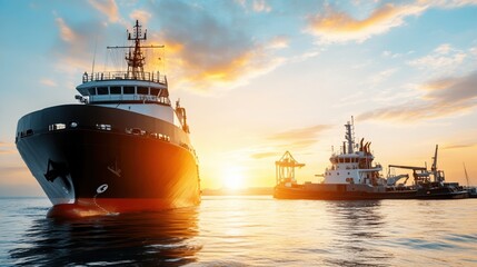 Obraz premium Ships in calm waters during a stunning sunset, reflecting vibrant colors against the sky.