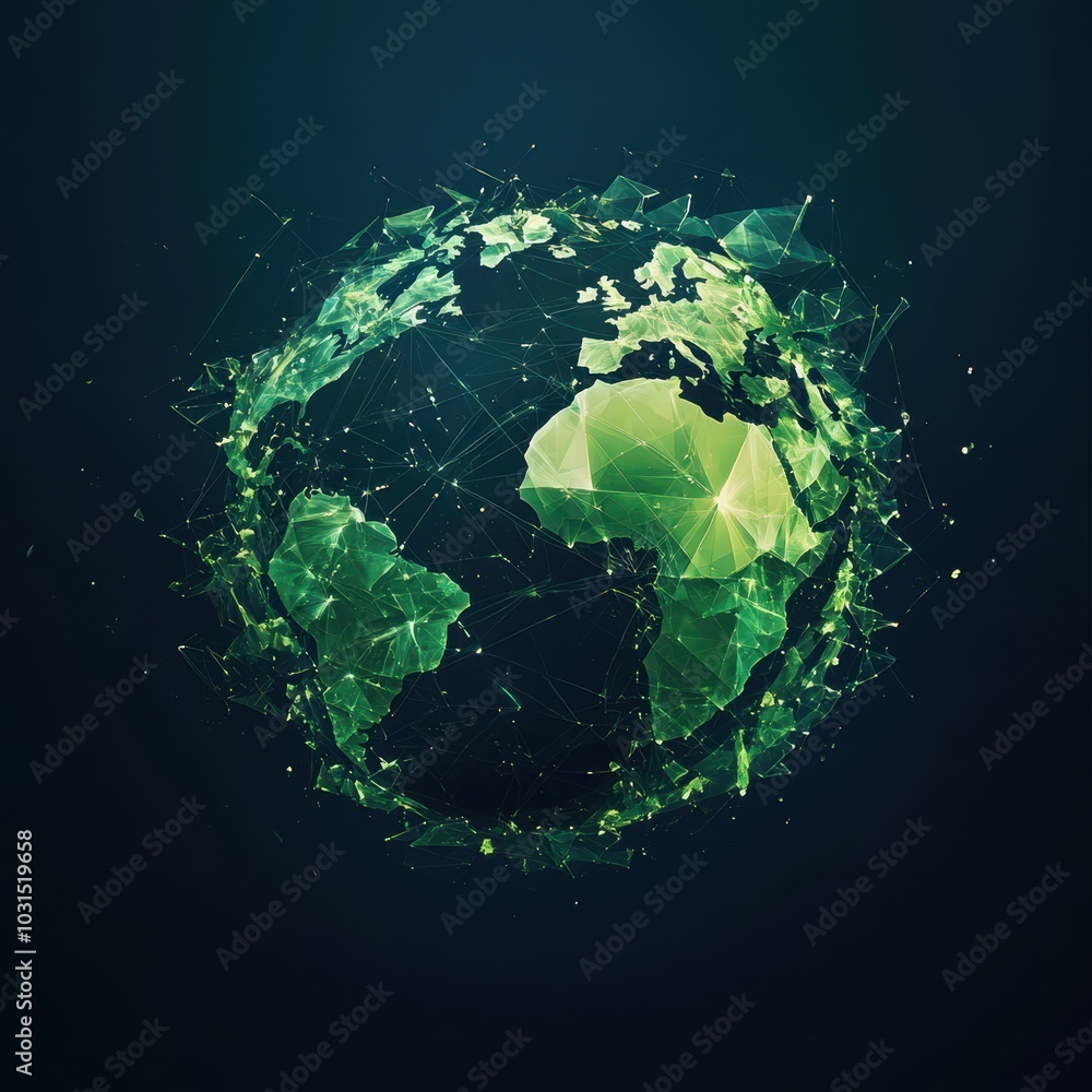 Poster abstract green globe earth with connected lines and nodes, representing global connection, network, 