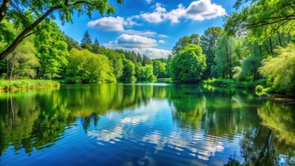 Tranquil lake surrounded by lush green trees, nature, water, peaceful, reflection, serenity, landscape, forest, outdoor