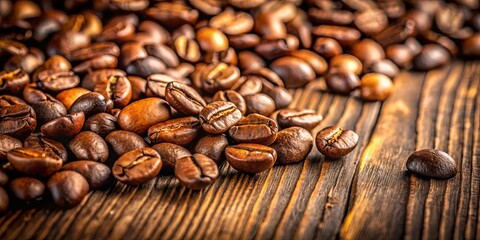 Naklejka premium Roasted coffee beans scattered on a rustic wooden surface, showcasing their rich brown hues and intricate details.