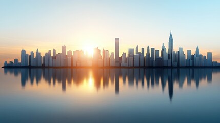 Obraz premium Stunning city skyline at sunrise reflected on calm water, vibrant colors and clear sky.