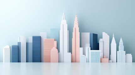 Obraz premium Stylized city skyline, minimal design with various building heights and colors, white background.