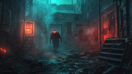 A ghost in a suit is walking down a dark alleyway