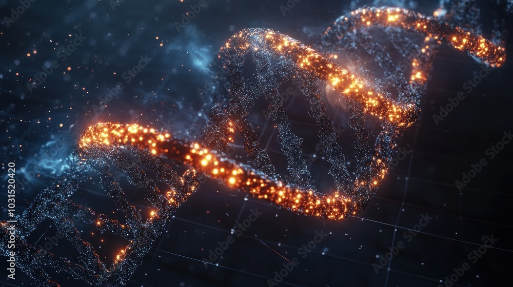 Poster 3d render of a glowing dna double helix with particle effects and blue and orange lights.