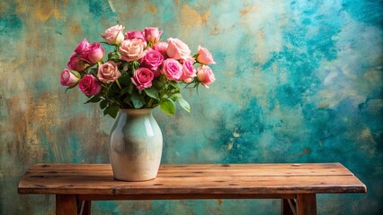 A bouquet of delicate pink roses arranged in a ceramic vase, resting on a rustic wooden table against a backdrop of weathered teal and gold painted wall.