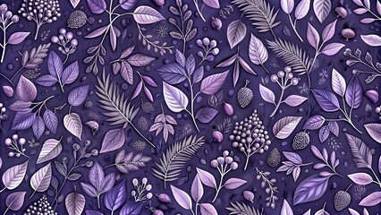 Monochrome Violet Seamless Pattern with Artistic Leaves and Berries for Fabric and Textile Design
