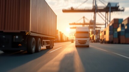 Trucks on road against sunset, cargo transport in industrial area.