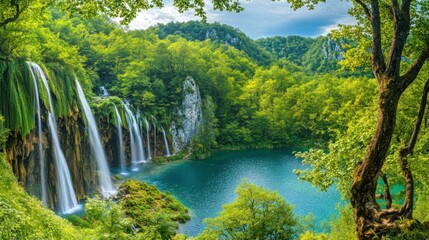 A picturesque view of a cascading waterfall and a clear blue lake surrounded by lush green forest.