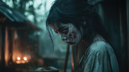 A woman with a bloody face is standing in front of a dark building